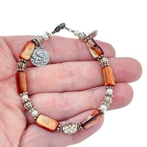 Vintage Sterling Silver 925 Mother of Pearl Cupid Angel Charm Bracelet 7.75"